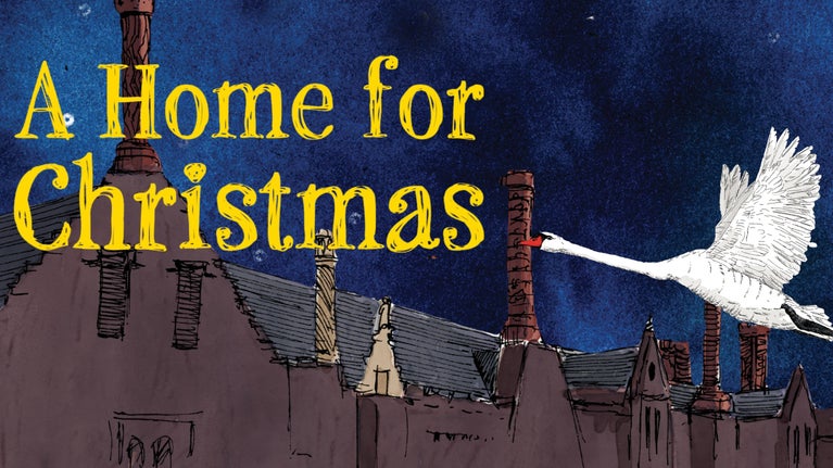 An illustration of the Oxburgh rooftops set against an ink blue snow filled sky, with Sybil Swan flying overhead.